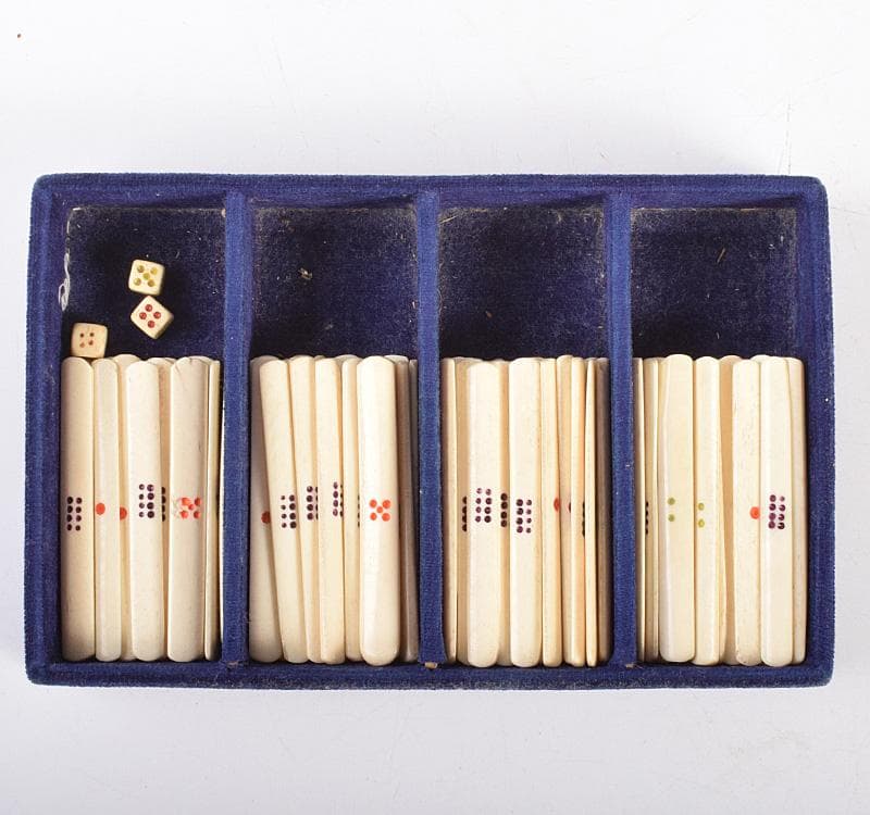 中国　竹嵌　骨牌　背竹牌　麻雀牌　皮ケース付　M　8694