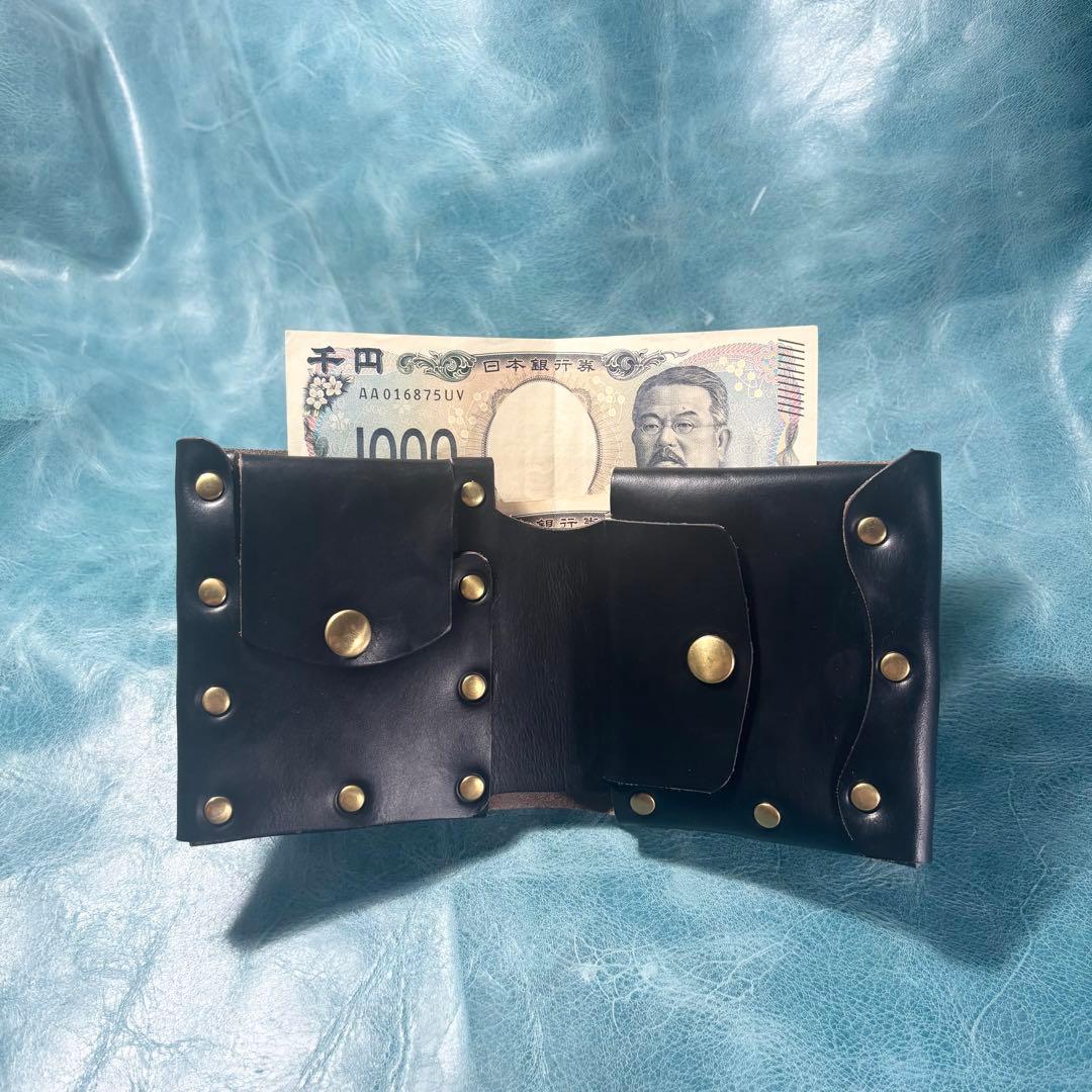 ハンドメイド　二つ折り　革財布　クロムエクセル　黒色　真鍮　cx-hw-000
