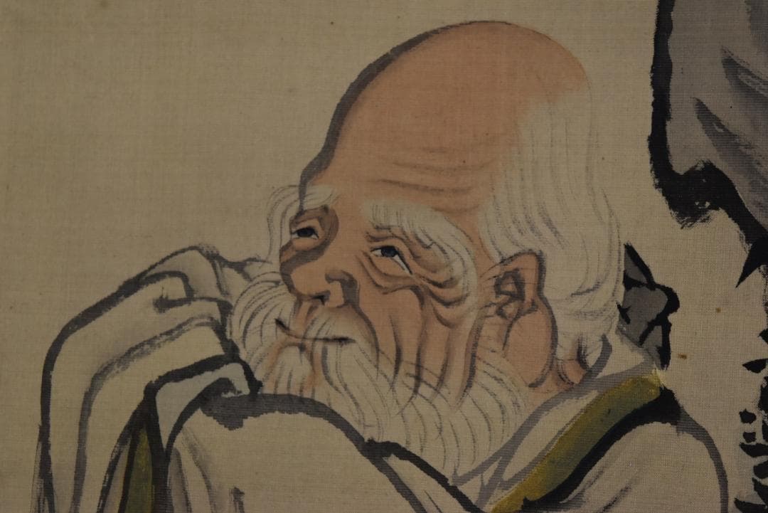 【真作】岡島清曠/寿老人図/横物/祝事人物図/掛軸☆宝船☆Z-693