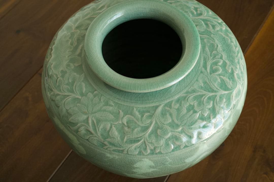 【美品】高麗青磁 唐草紋様 大壺33cm