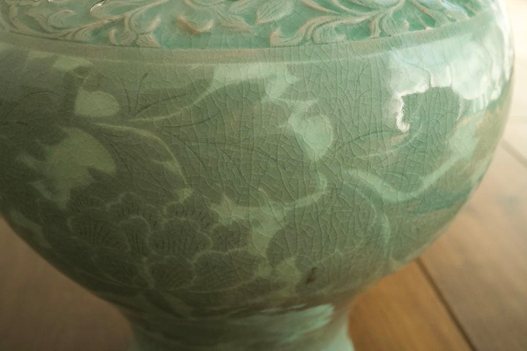 【美品】高麗青磁 唐草紋様 大壺33cm