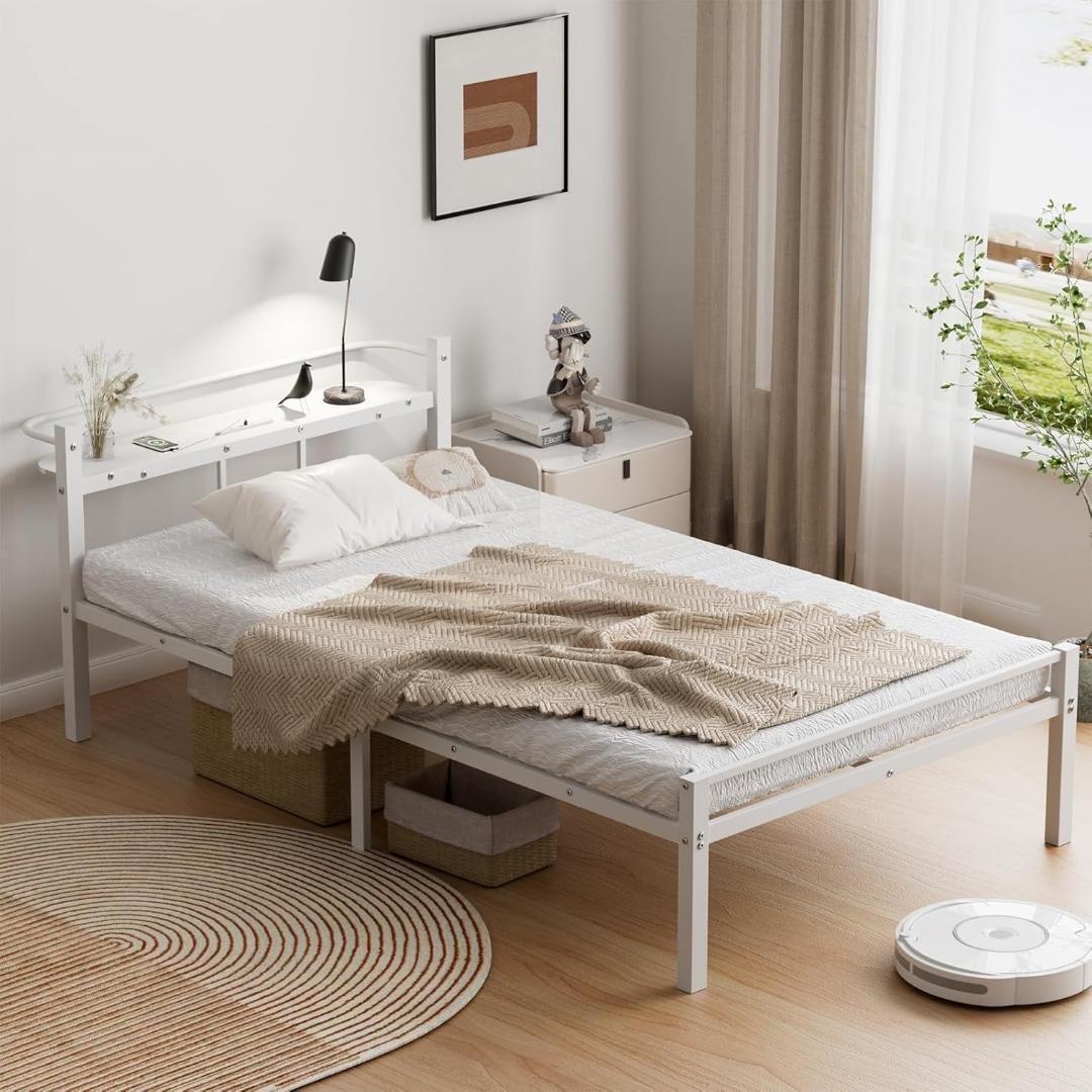 組立簡単！ベッドフレーム シングル ベッド 宮棚 2口コンセント ホワイト