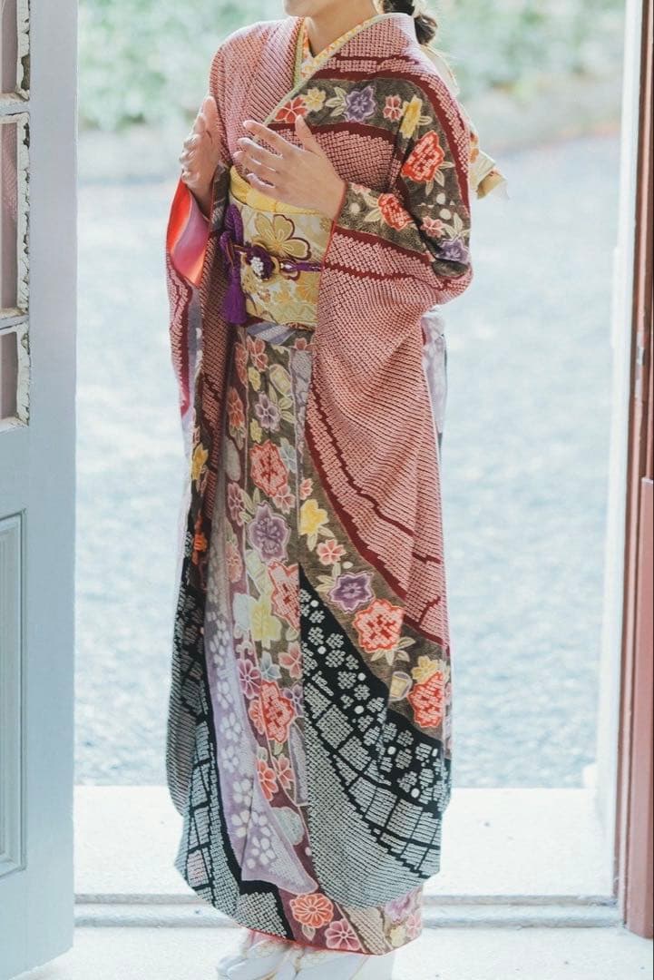 総絞り　桜　熨斗　振袖　成人式　フルセット　正絹　赤