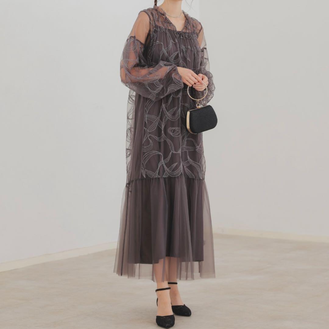 リボン刺繍ギャザードレス Dorry Doll チャコール