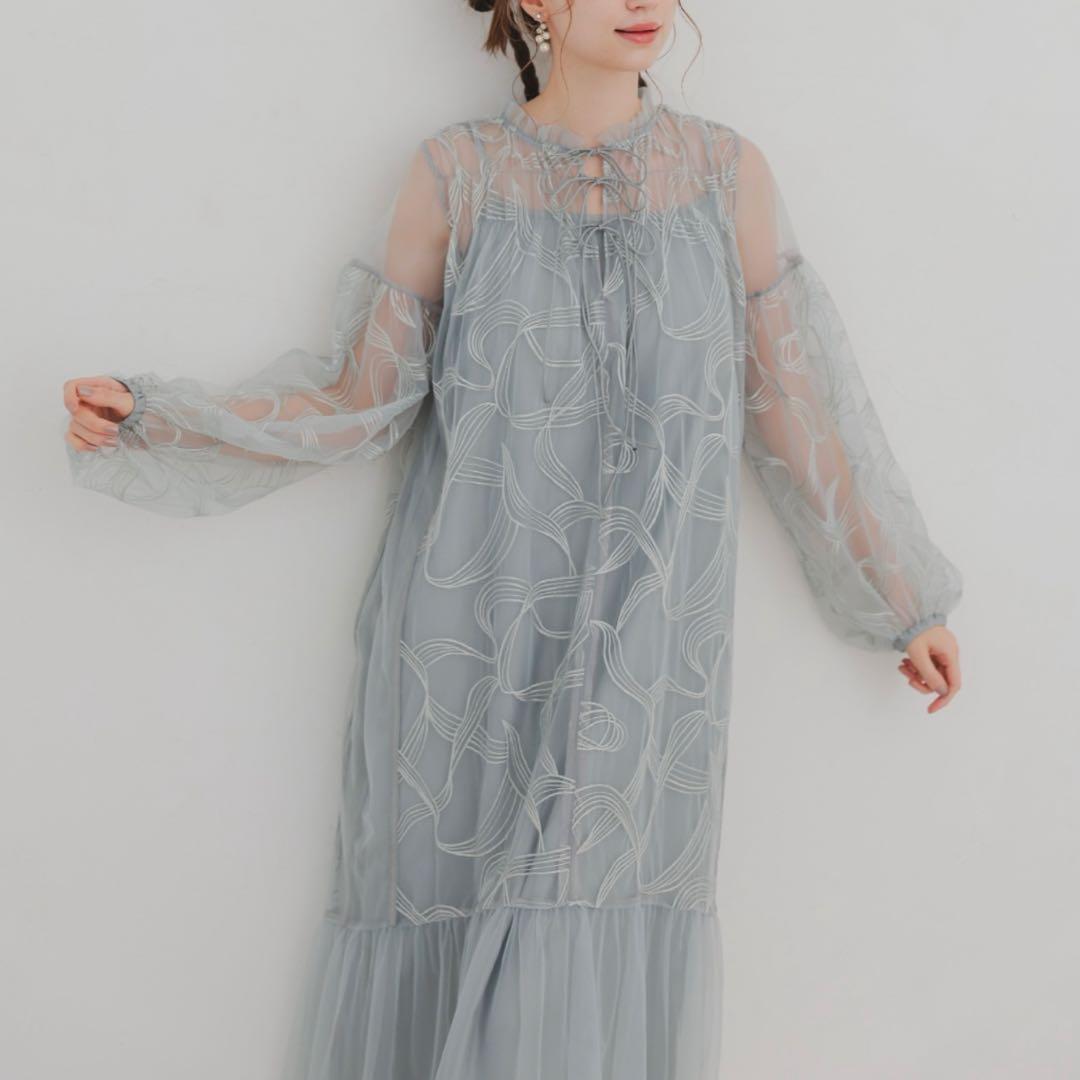 リボン刺繍ギャザードレス Dorry Doll チャコール