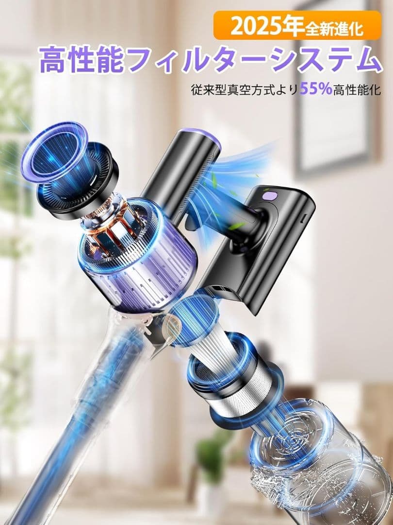 掃除機 コードレス 55000pa超強力吸引・55分連続稼働・自立式