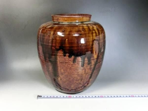壷●古い飴釉 涙痕 甕 瀬戸 江戸期 口広花瓶 花器 置物 時代物 骨董品■