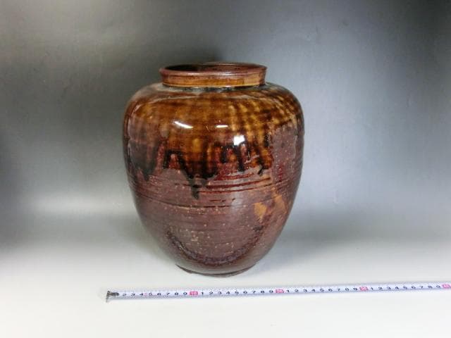 壷●古い飴釉 涙痕 甕 瀬戸 江戸期 口広花瓶 花器 置物 時代物 骨董品■