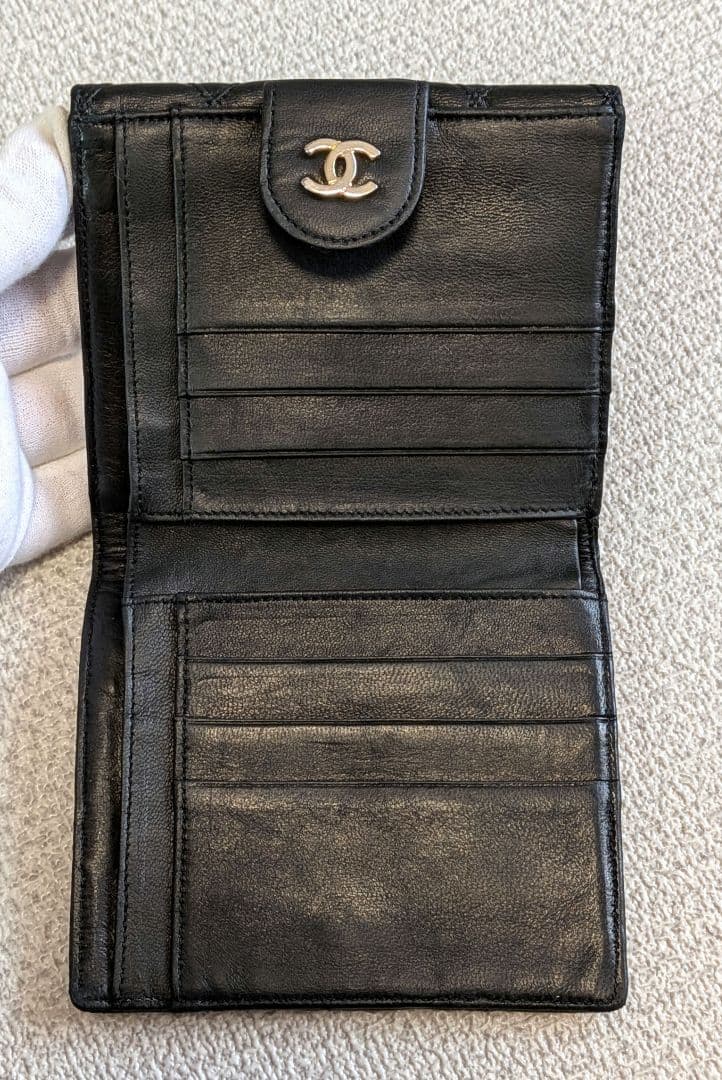 シャネル　黒　ビコローレ　Wホック折り財布　ラムスキン　チェーン　ショルダー