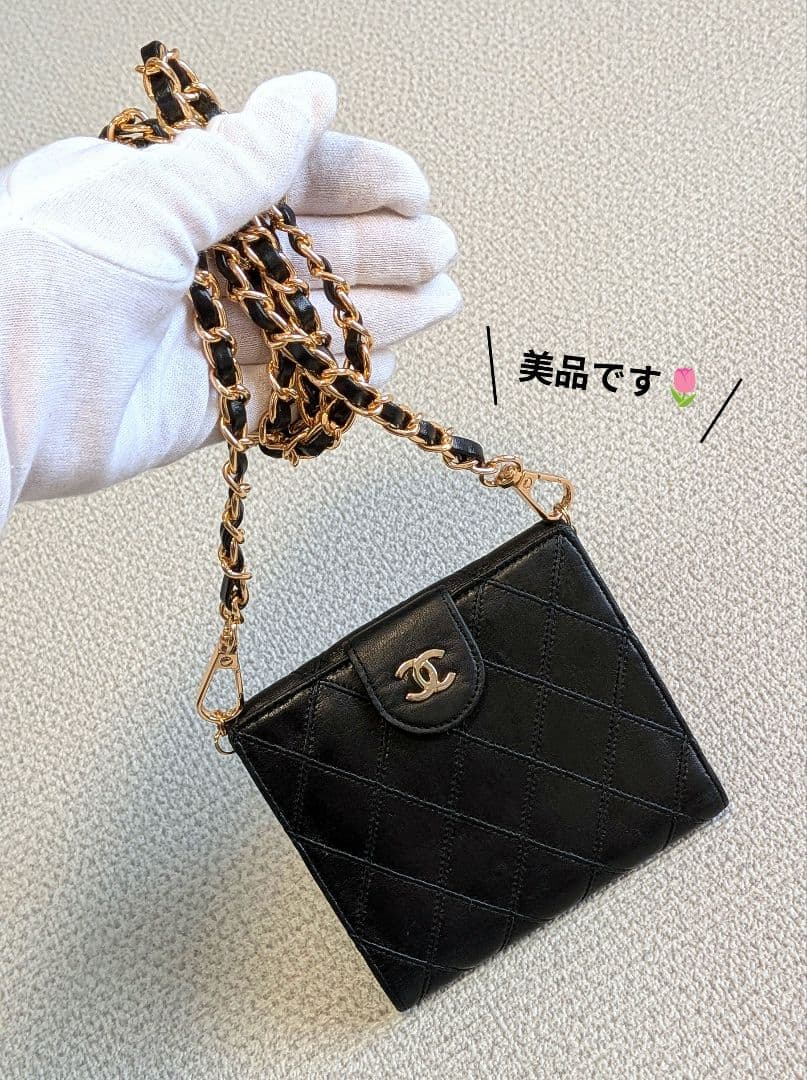 シャネル　黒　ビコローレ　Wホック折り財布　ラムスキン　チェーン　ショルダー