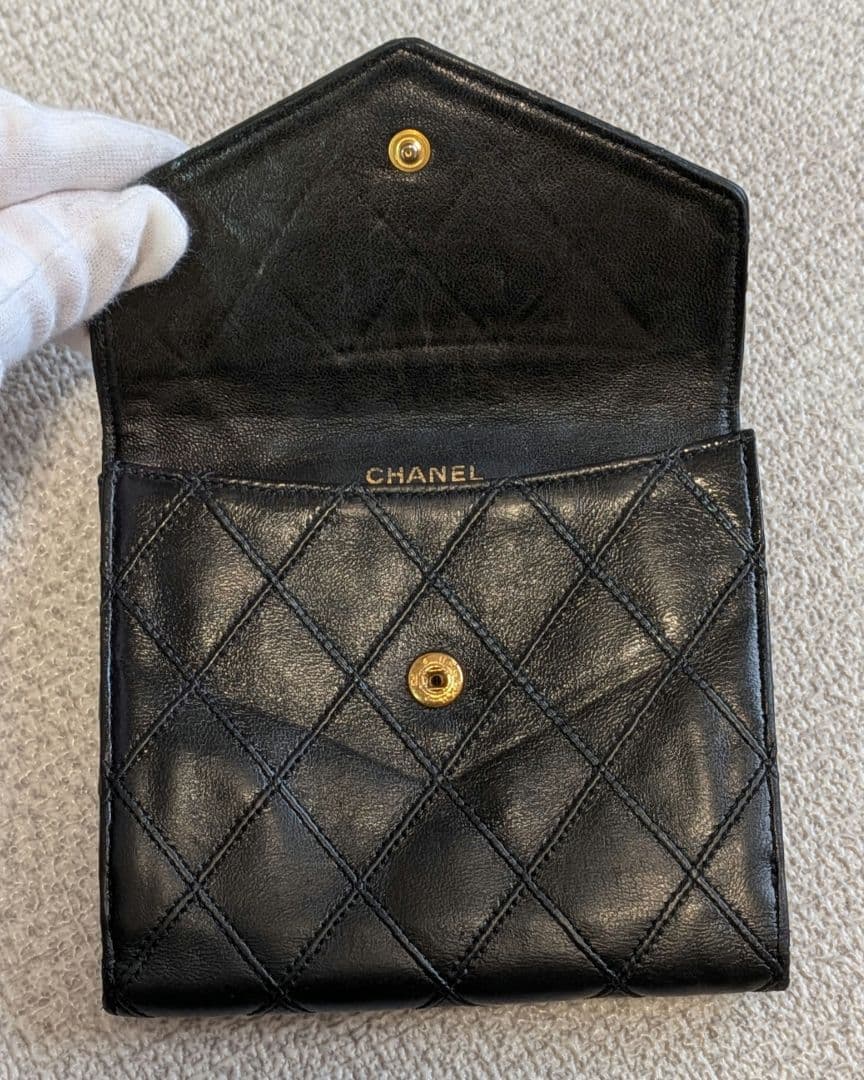 シャネル　黒　ビコローレ　Wホック折り財布　ラムスキン　チェーン　ショルダー