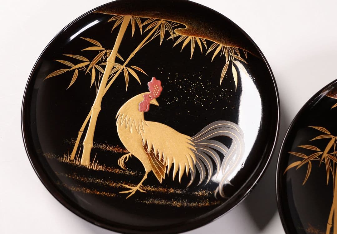 【CM352】時代蒔絵椀 竹に鶏金蒔絵 平椀二客 木製 /(検) 輪島塗加賀能登