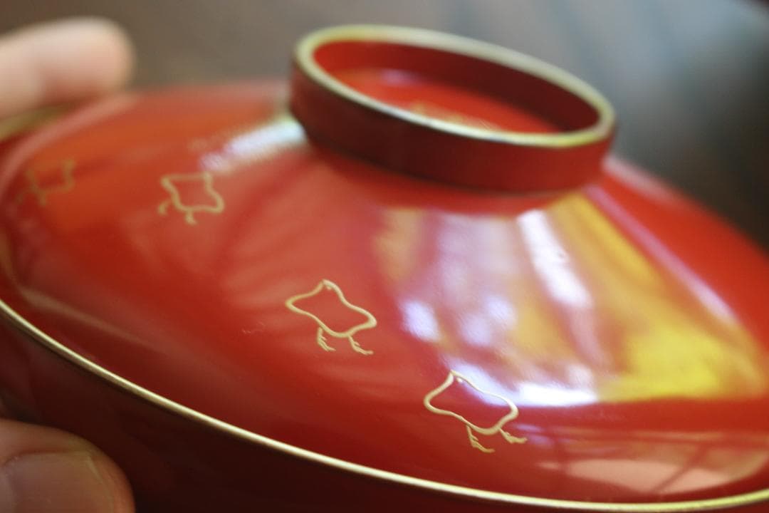 デッドストック！極上金縁朱漆に優美な波千鳥蒔絵のお椀2点（検輪島塗蒔絵椀雑煮椀