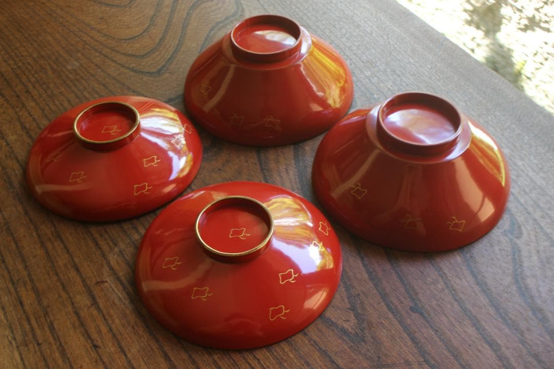 デッドストック！極上金縁朱漆に優美な波千鳥蒔絵のお椀2点（検輪島塗蒔絵椀雑煮椀