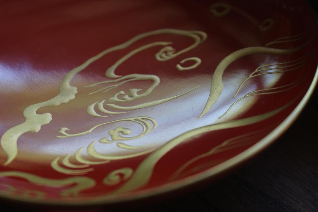 デッドストック！極上金縁朱漆に優美な波千鳥蒔絵のお椀2点（検輪島塗蒔絵椀雑煮椀
