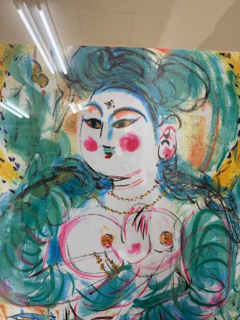 棟方志功 青裳施無畏図 染作 板画 額装 大型 額サイズ 74cm 94cm