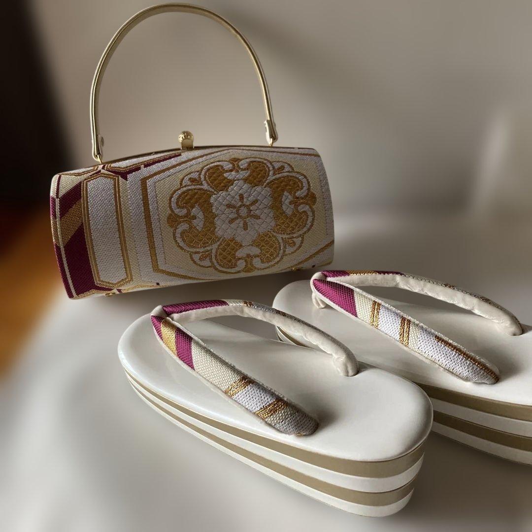 美品　和装 草履バッグセット 振袖用 帯地 金×白×紫