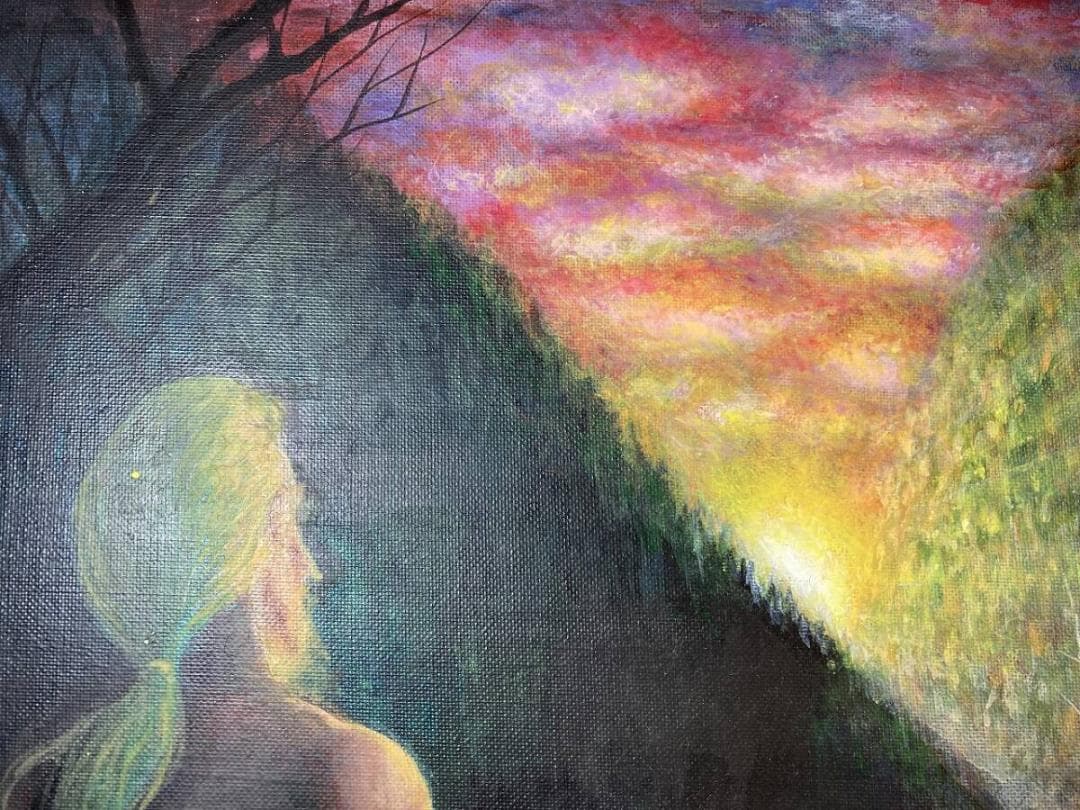 不思議の国 神話的な生物の油彩画 神話的な生物と人間が描かれた多彩な油彩画。