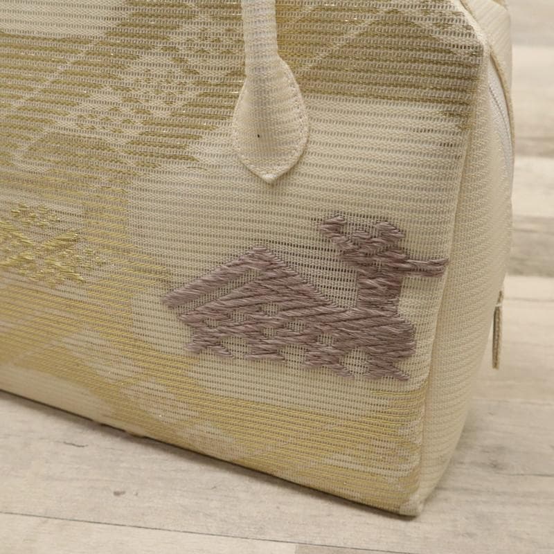 《和装バッグ◆利休バッグ■ベージュ系■有栖川と鹿刺繍＊着物♪和装Z7-20》