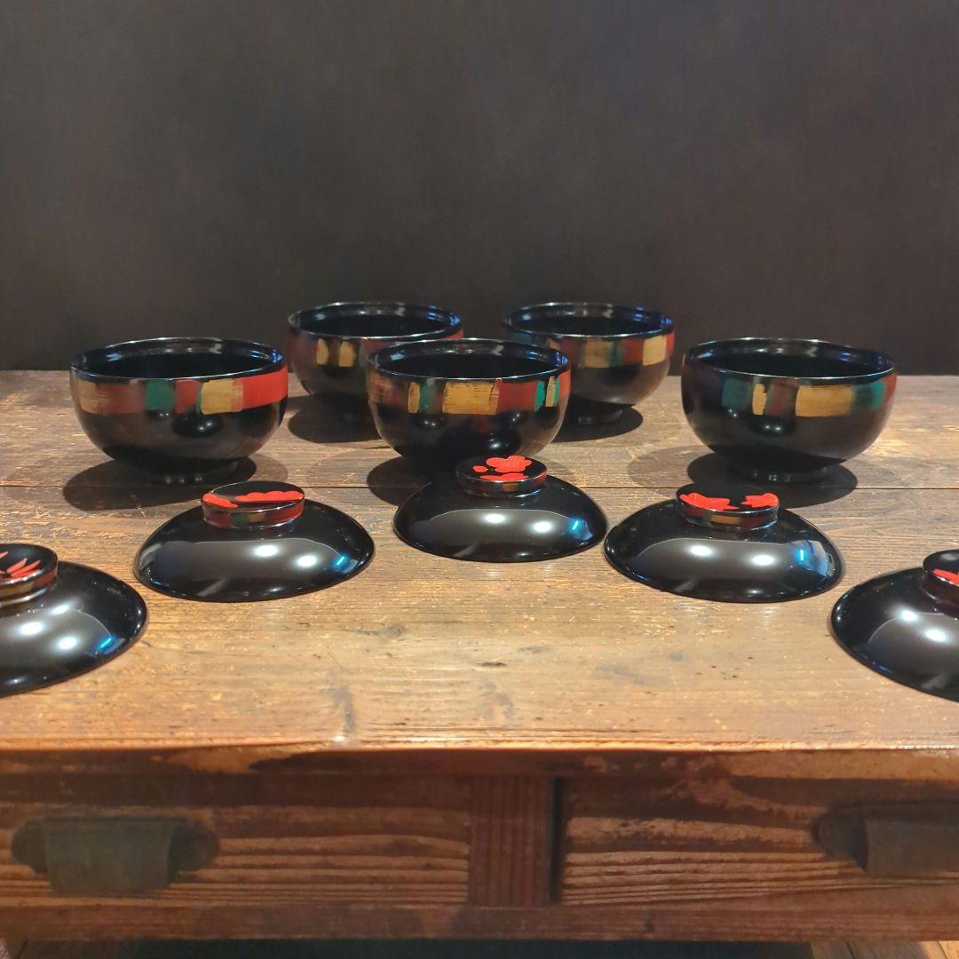 京都美術　漆芸作家　作家もの　山中漆器　草花絵変わり　雑煮椀　吸物椀　黒　5客揃