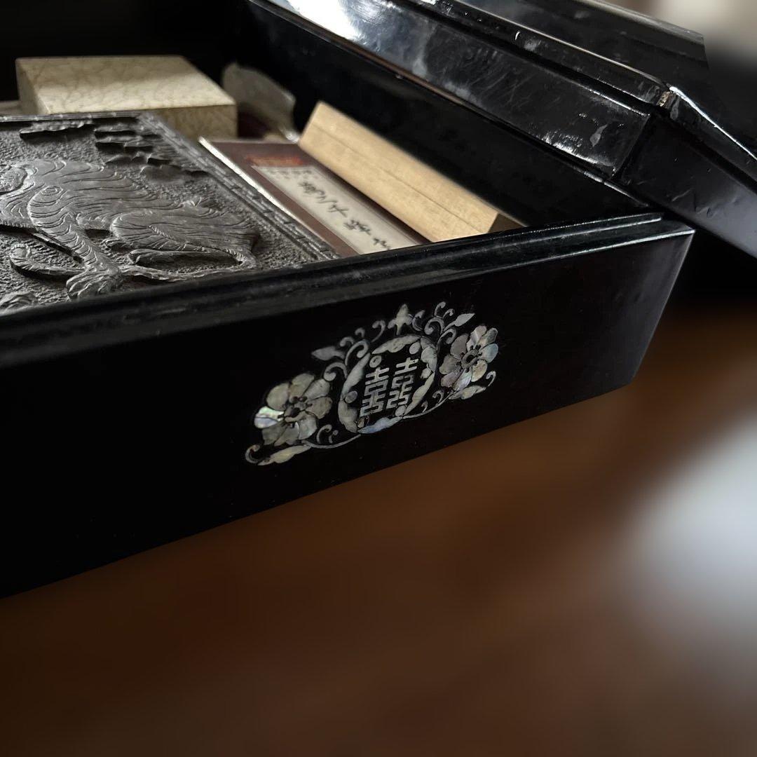 宮*中様 漆器文箱 貝殻細工 鶴　螺鈿細工漆塗り小物入れ　硯箱 すずり箱 螺鈿（