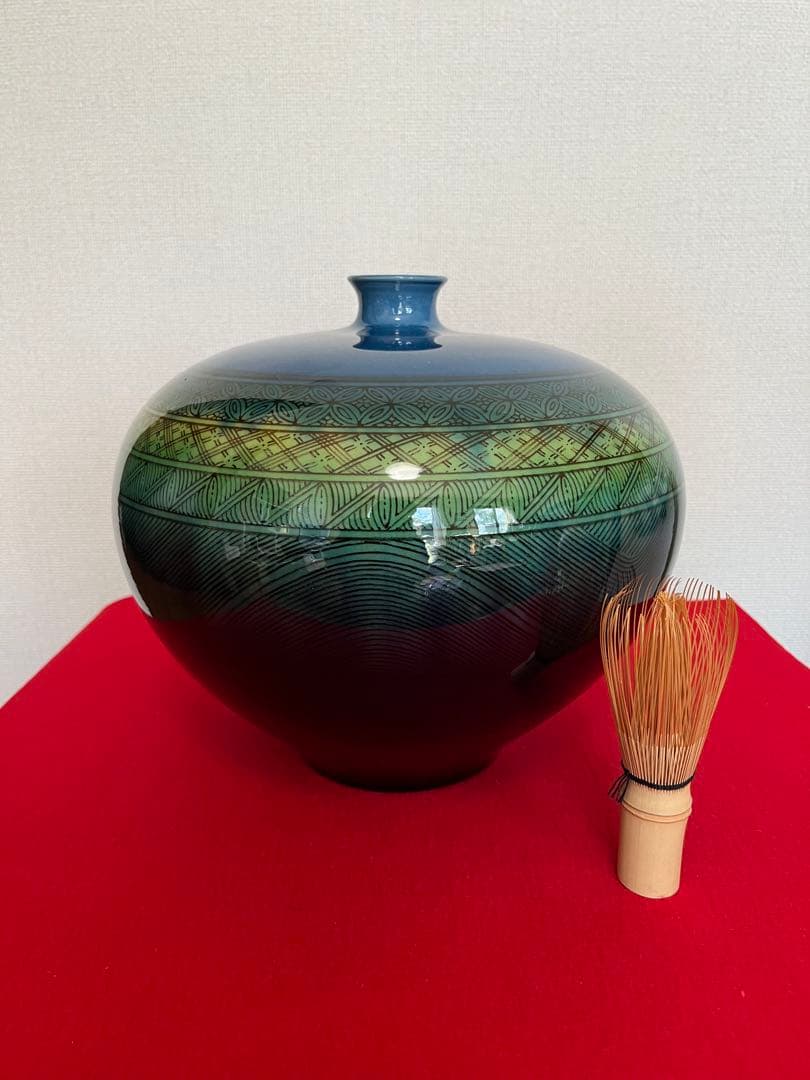 【大型】人間国宝 三代 徳田八十吉（正彦銘）碧明釉 小紋壺 管理T291