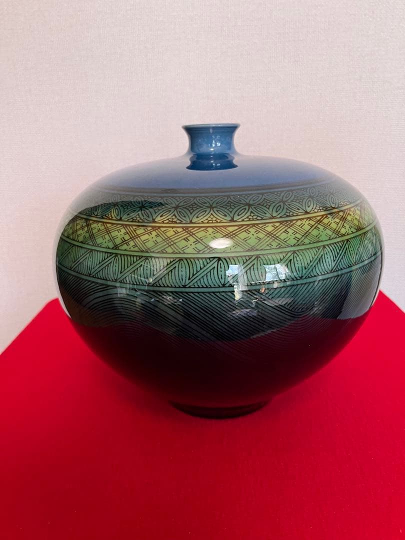 【大型】人間国宝 三代 徳田八十吉（正彦銘）碧明釉 小紋壺 管理T291