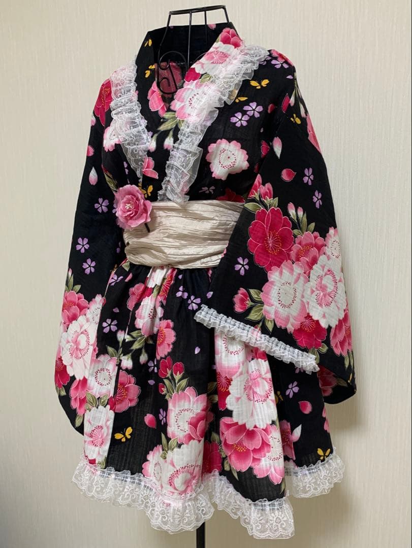浴衣ドレス　黒ピンク　姫ギャル　地雷　量産　平成　花柄　レース　かわいい