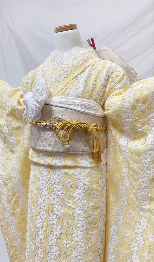 レース花柄 黄色 振袖　振袖フルセット　振袖 成人式　　振袖セット