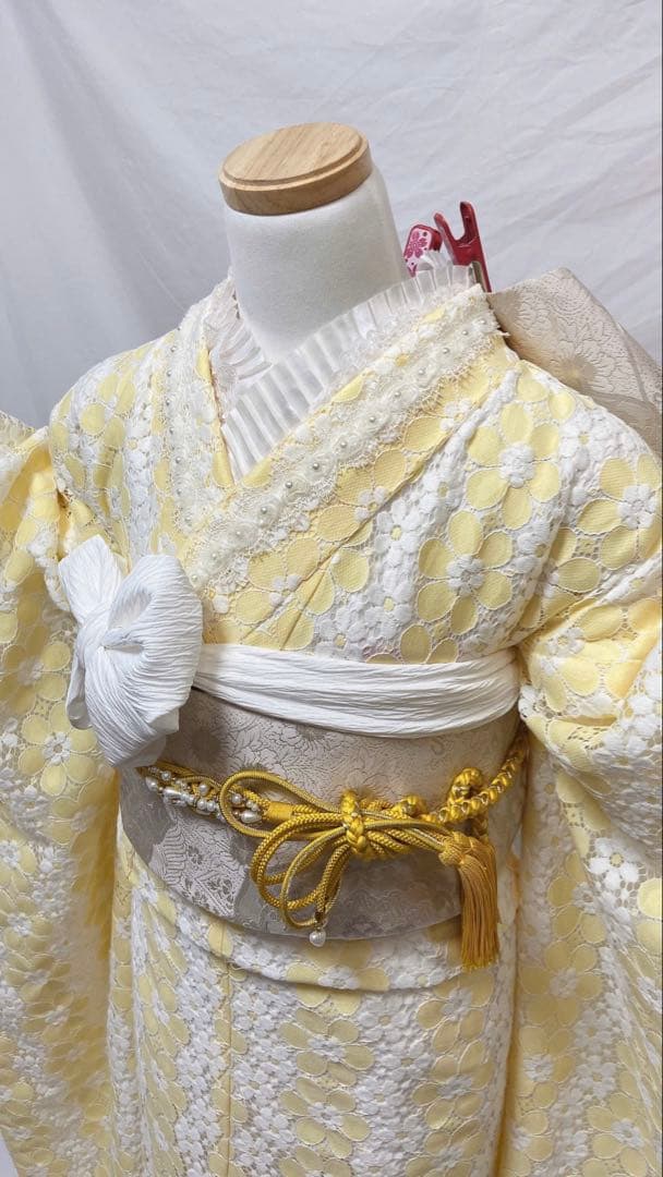 レース花柄 黄色 振袖　振袖フルセット　振袖 成人式　　振袖セット