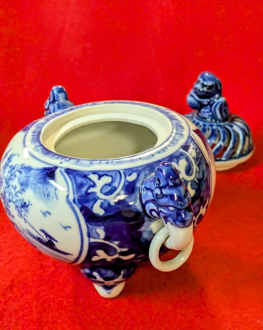 香炉-工芸品/九谷焼/九谷焼香炉 直作染付香炉/九谷焼 耳付香炉/茶道具