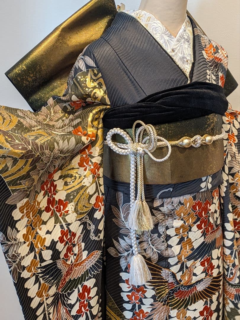 振袖フルセット 身丈158裄66.5 黒 グレー 金彩 逸品 成人式