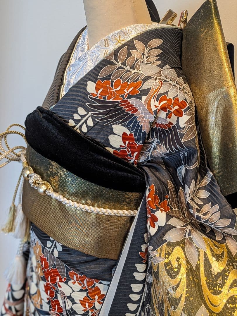 振袖フルセット 身丈158裄66.5 黒 グレー 金彩 逸品 成人式