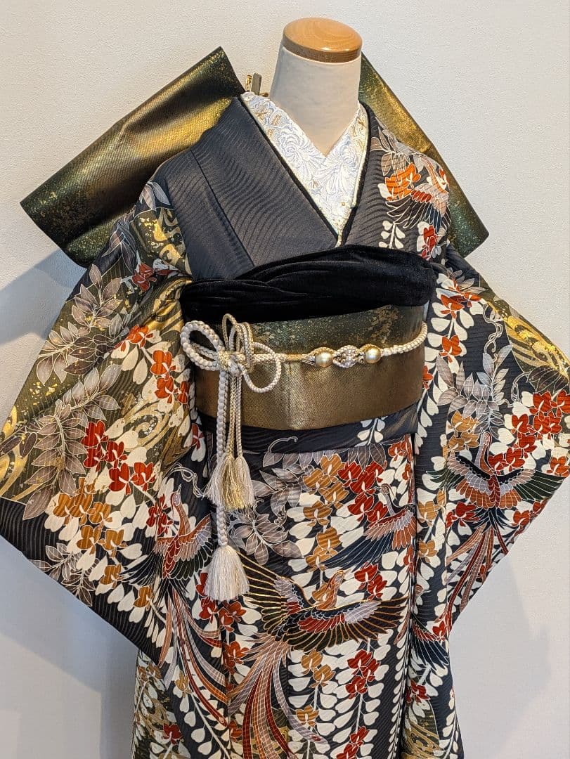 振袖フルセット 身丈158裄66.5 黒 グレー 金彩 逸品 成人式