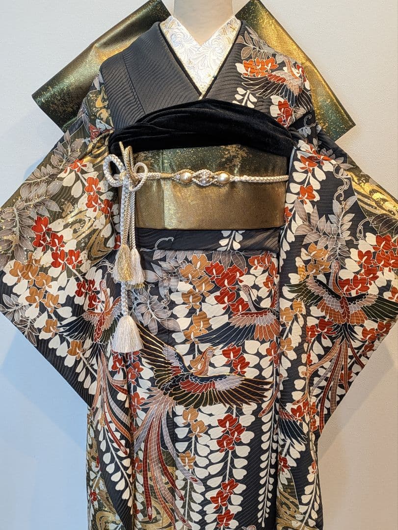 振袖フルセット 身丈158裄66.5 黒 グレー 金彩 逸品 成人式