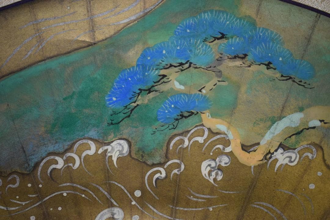 真作/松本一洋/扇面/山水松波図/金箔/布袋屋掛軸HI-347