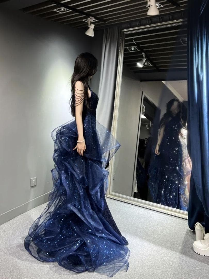 イヴニングドレス　パーティードレス　スパンコール　カラーネイビー　サイズL