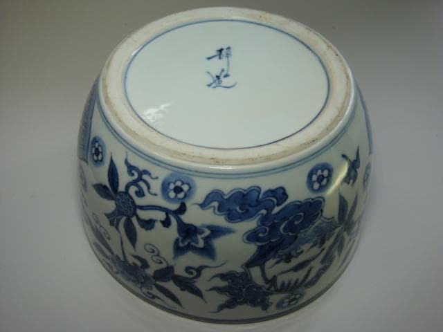水指■古い染付平水指 静山造 漆器蓋 窓菱形絵変わり山水人物図 茶道具 骨董品■