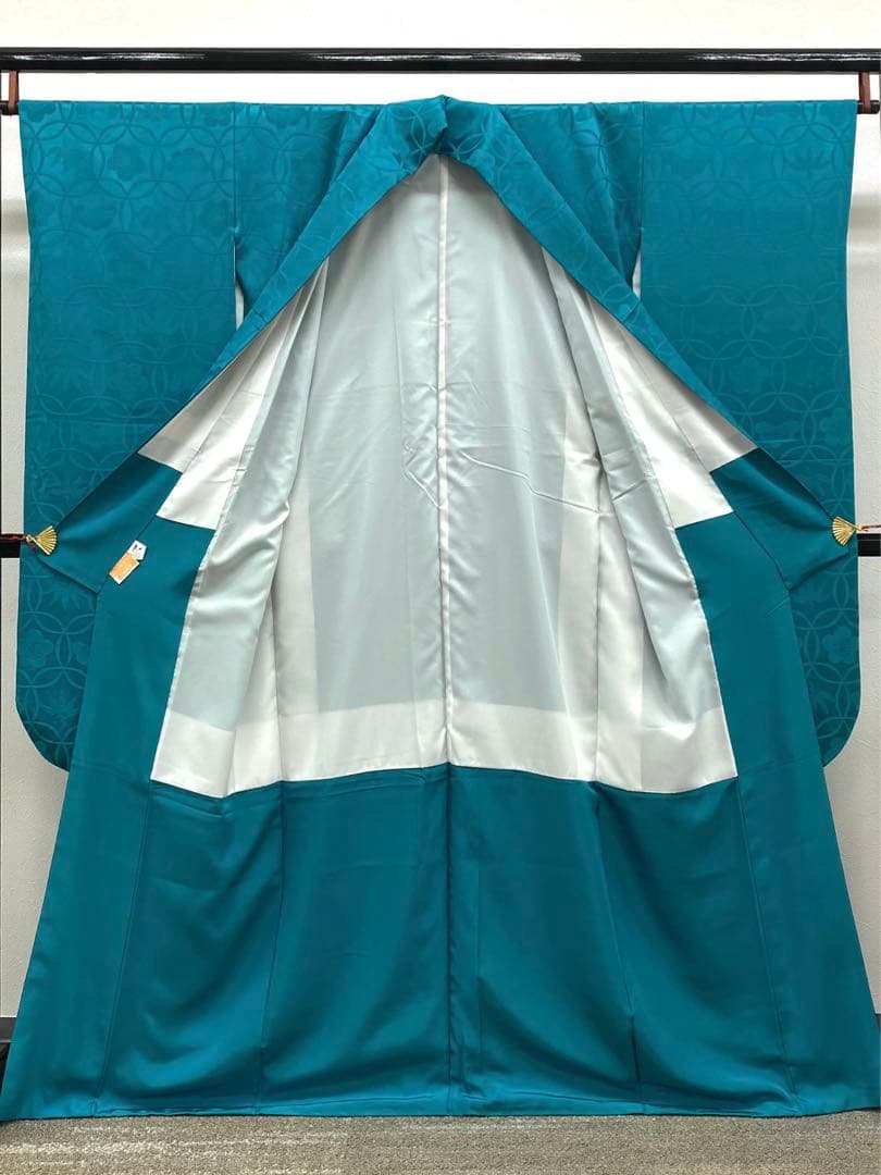 無地振袖 紋意匠 シンプル 青緑系 身丈162cm 撥水加工済み