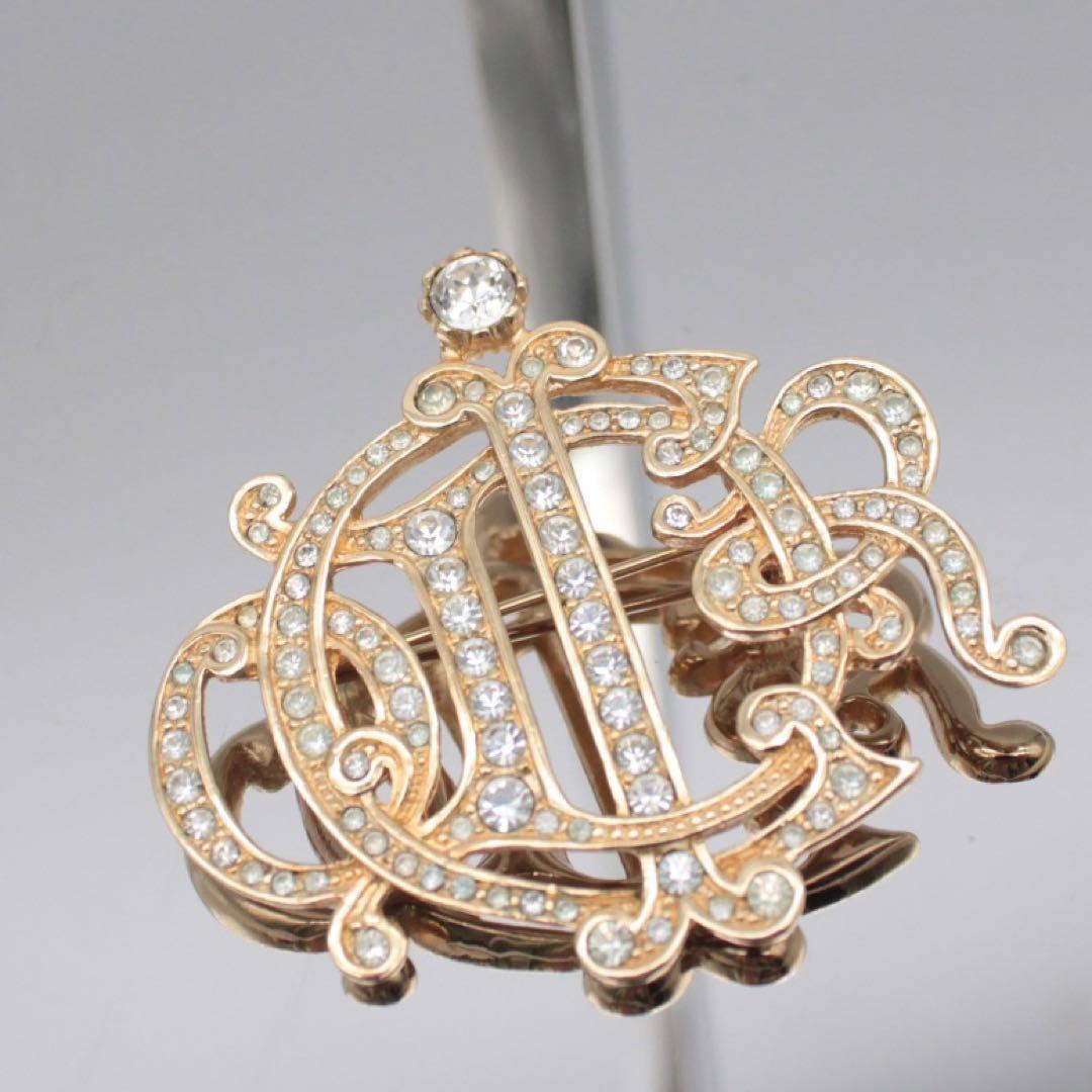 極美品 クリスチャンディオール ゴールド ブローチ エンブレム ラインストーン