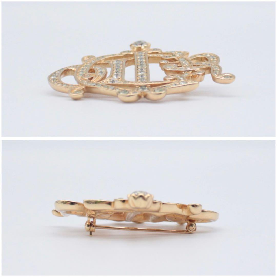 極美品 クリスチャンディオール ゴールド ブローチ エンブレム ラインストーン