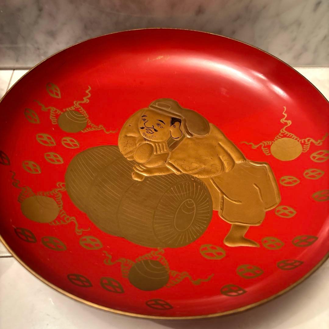 明治時代　七福神が金彩たっぷりで描かれた幸運や金運をを呼び込む木製輪島漆塗り皿