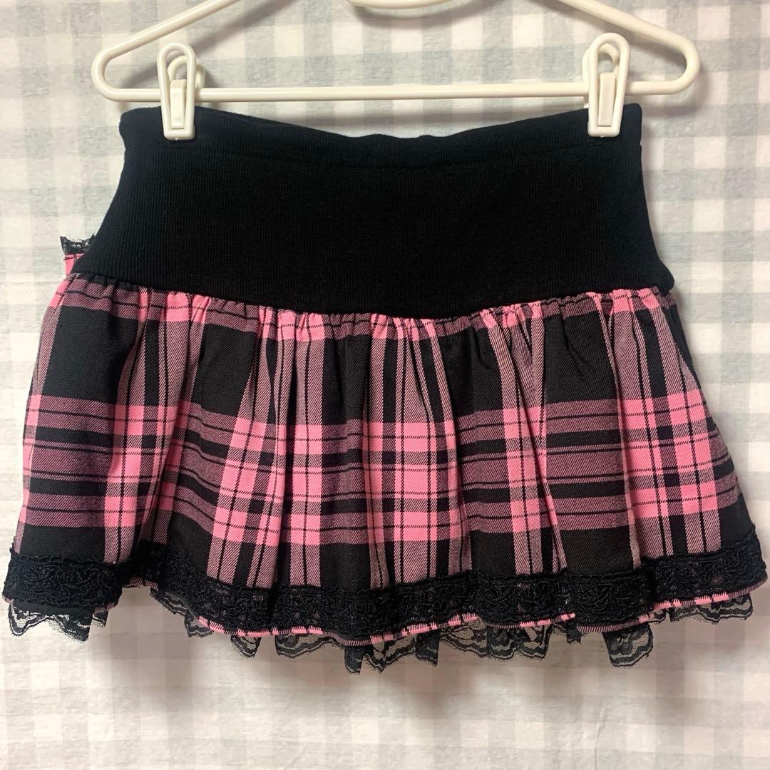 TRALALA ピンク チェック柄 レース リボン付き スカパン