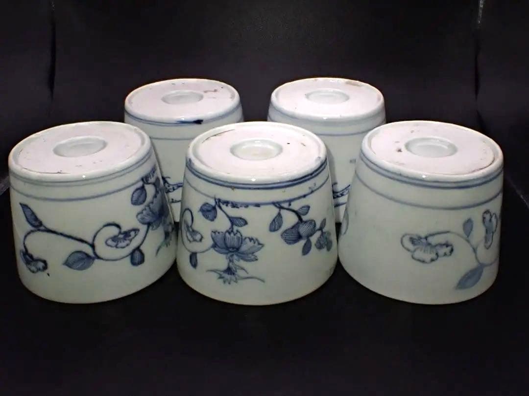 (青6)古伊万里 蕎麦猪口 そば猪口 草花の図 5ヶセット 幕末