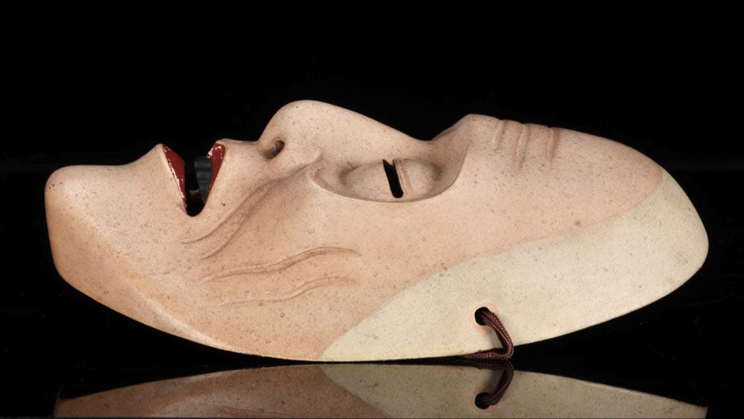 初代 野川陽山 時代能面 木彫 翁 姥 一対 箱付 在銘 小尉面 古美術 骨董品