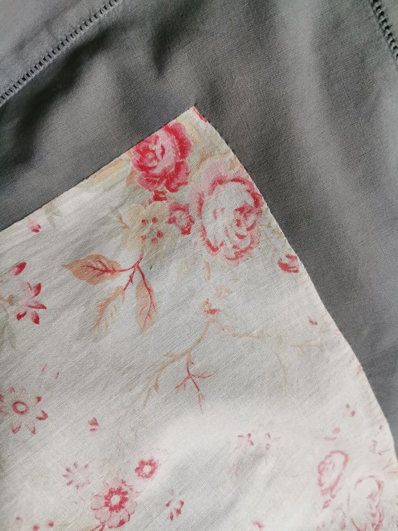 アンティーク フレンチ花柄薔薇ファブリックリネン ヘム刺繍グレークッションカバー