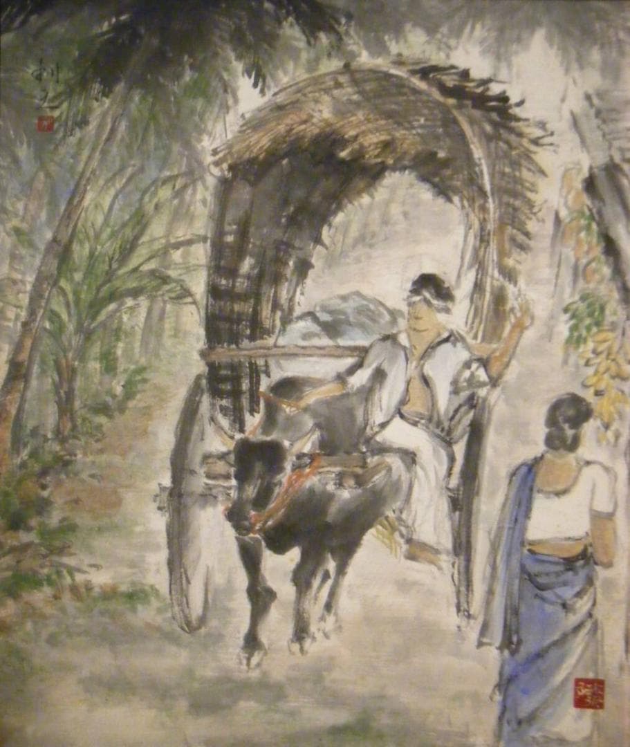 【真作】絵画　利之銘　日本画10号　牛車　逸品　S132