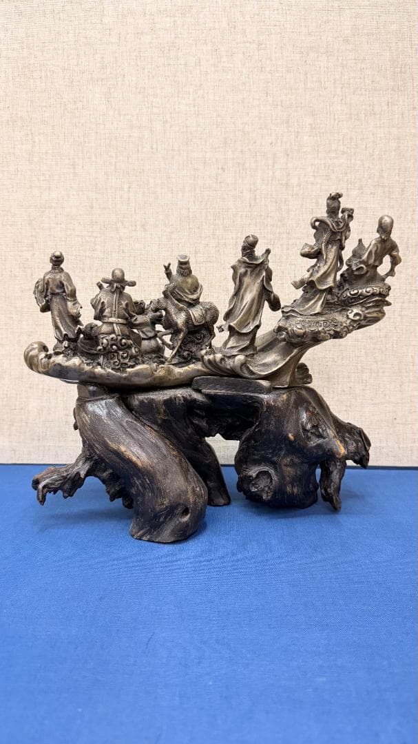 八仙過海 銅製立体群像｜天然木根台座｜実測重量3.86kg｜全高約26cm