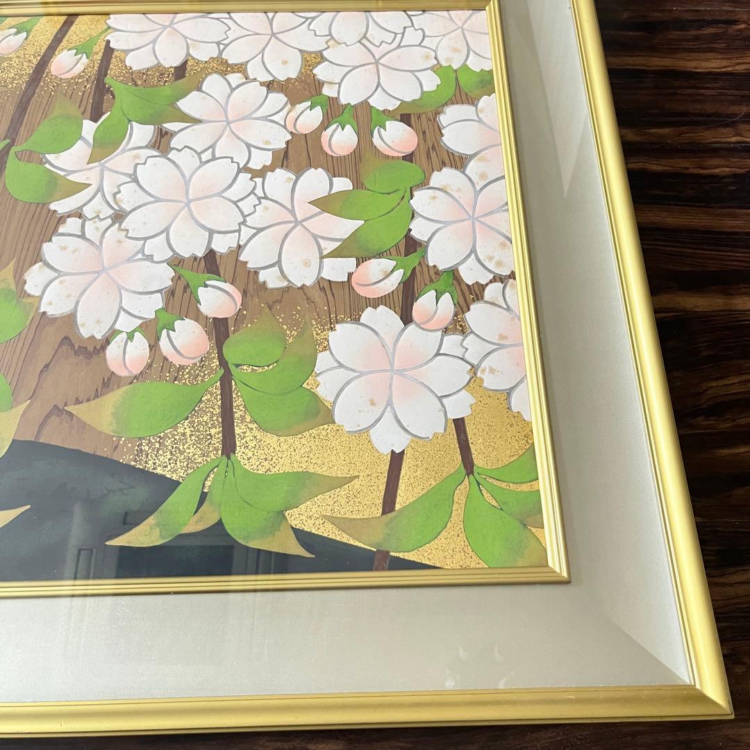 橋本明治 杉戸絵「桜」手摺木版画  額装 文化勲章 日本芸術院会員 G