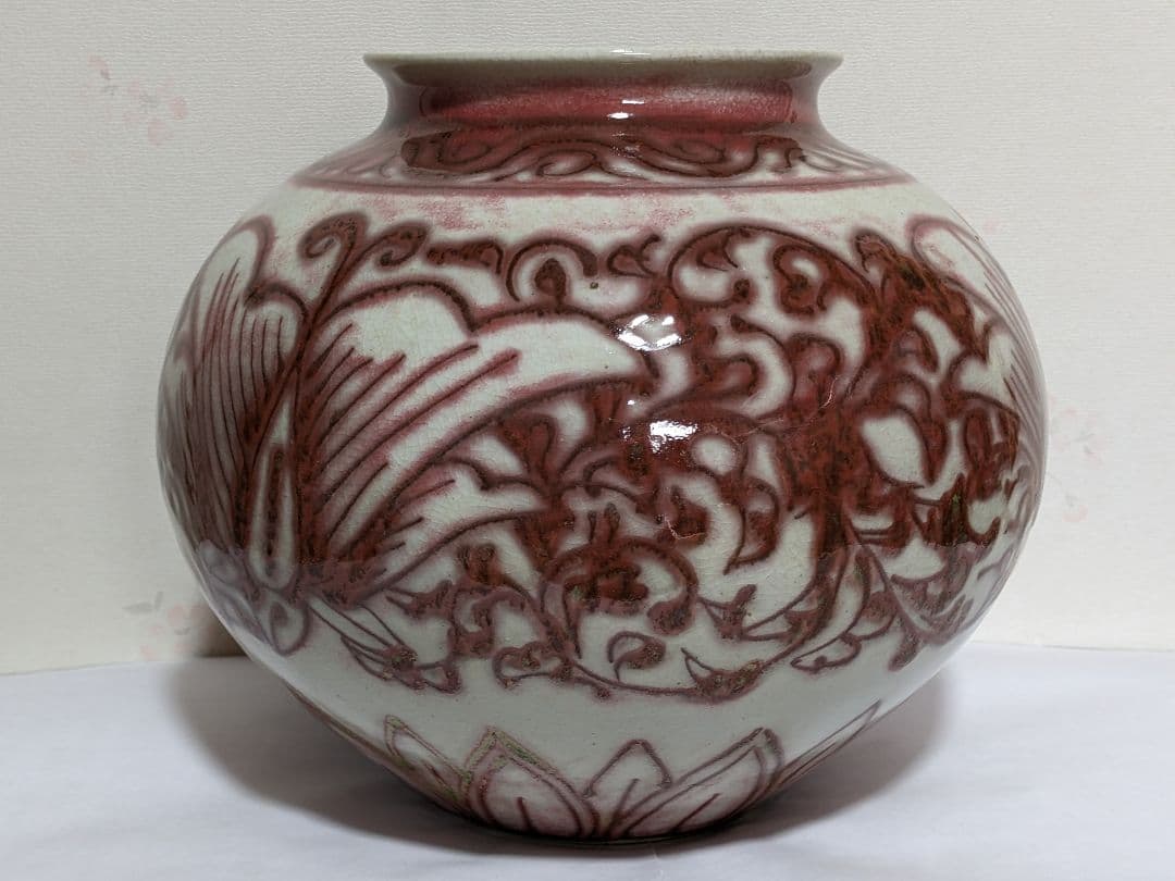 ♦京焼 陶芸家 藤平正文作 辰砂 唐物写し紋様 丸壺 置物 飾り 清水焼 骨董品